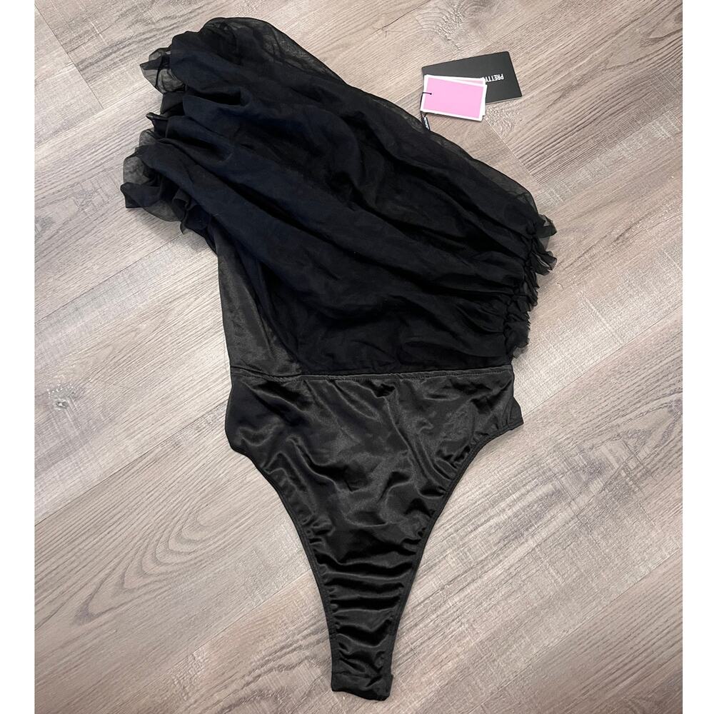 NWT Pretty Little Thing Black Sheer Ruffle One Shoulder Bodysuit